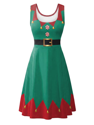 Robe de Noël Verte et Rouge Sans Manches à Imprimé Festif Années 1950 - 2