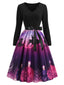 Robe violet vif motif rennes Noël et encolure festonnée années 1950