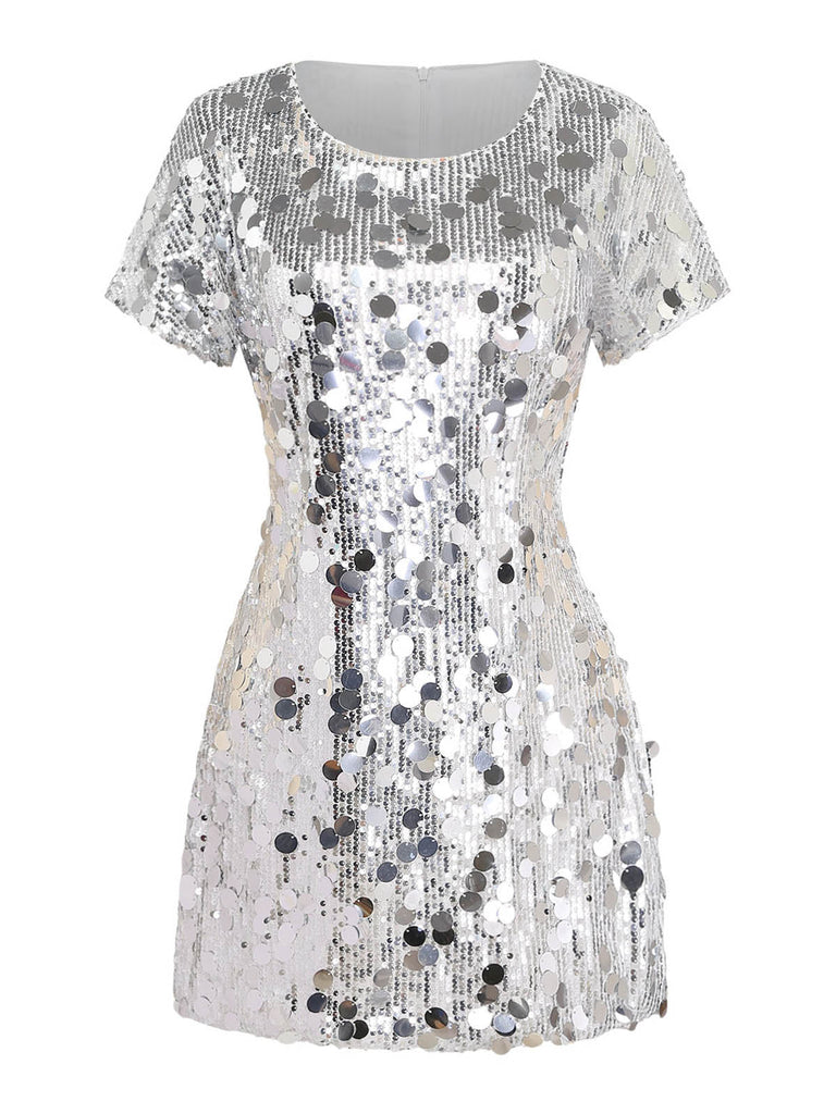 Robe disco scintillante à sequins et col rond Années 1960 - 1