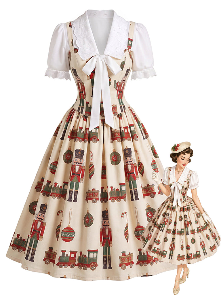 [Prévente] Robe Évasée à Imprimé Casse-Noisette de Noël et Col Festonné Années 1950 - 1