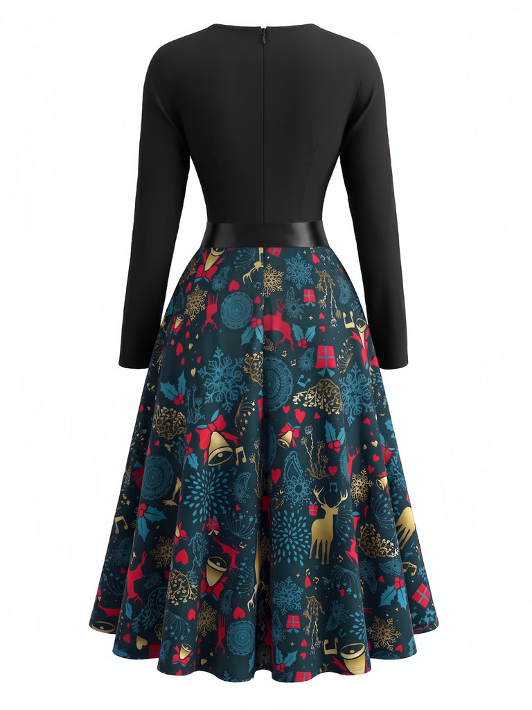 Robe Évasée Multicolore à Imprimé de Noël et Encolure Festonnée Années 1950 - 3