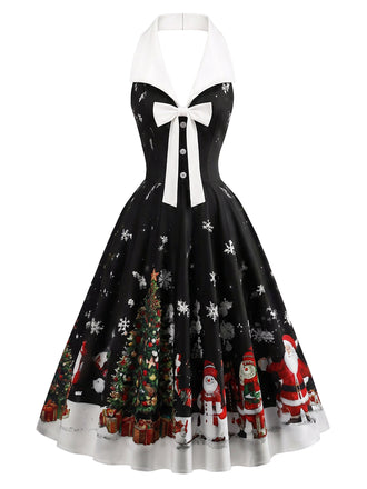 [Prévente] Robe évasée noire à imprimé de Noël, col dos-nu et nœud Années 1950 - 2