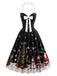 [Prévente] Robe évasée noire à imprimé de Noël, col dos-nu et nœud Années 1950 - 2