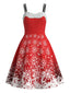 Robe évasée rouge à imprimé rennes et flocons de Noël Années 1950