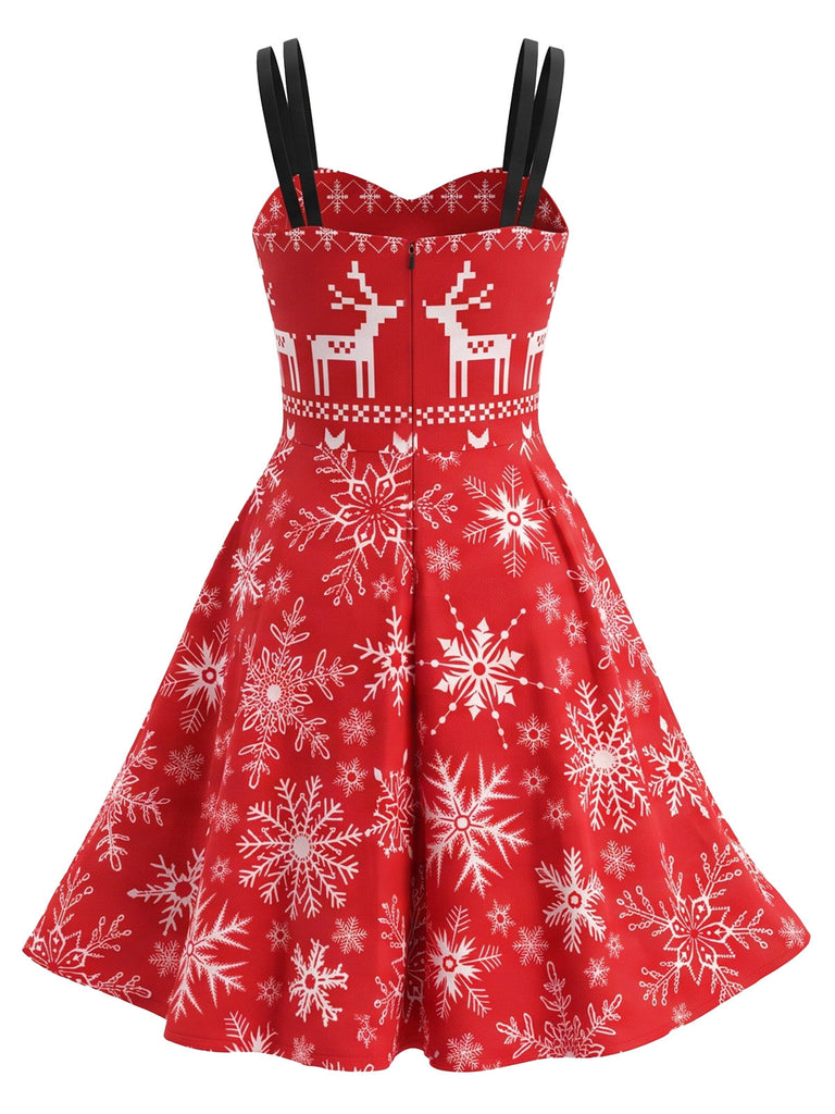 Robe évasée rouge à imprimé rennes et flocons de Noël Années 1950 - 4