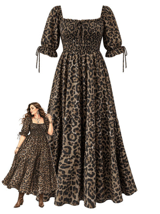 [Grande Taille] Robe longue marron à imprimé léopard, col carré et smocks Années 1970 - 1