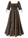 [Grande Taille] Robe longue marron à imprimé léopard, col carré et smocks Années 1970 - 2