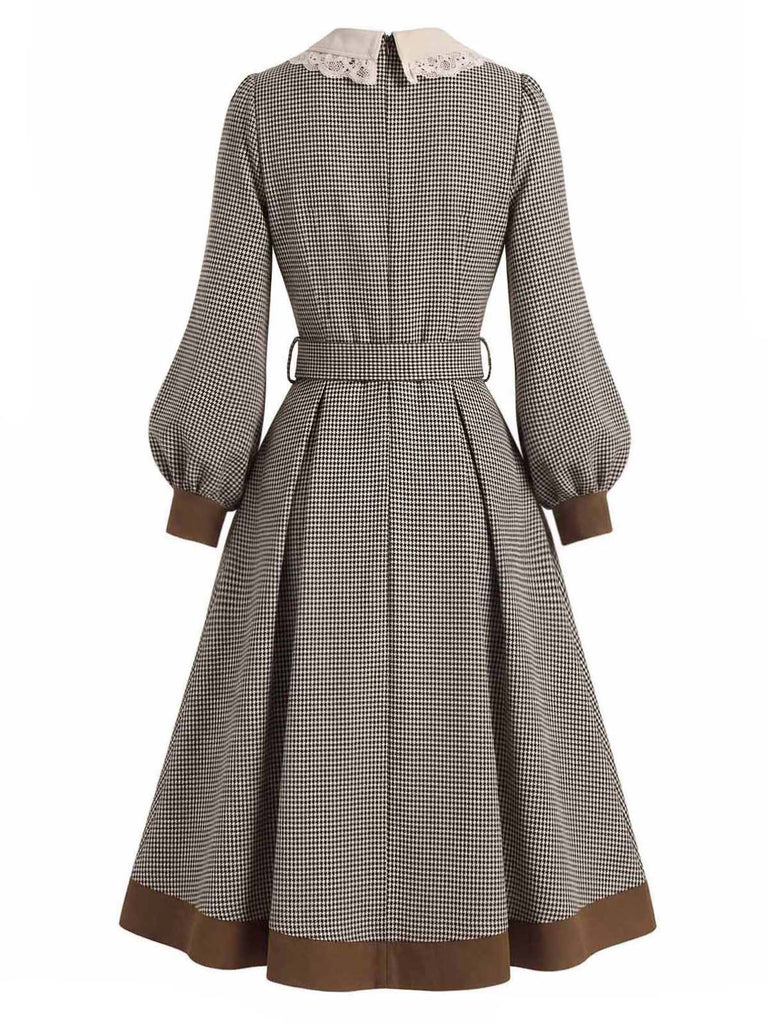 [Prévente] Robe Marron Clair Pied-de-Poule à Col Lavallière et Ceinture Années 1950 - 5
