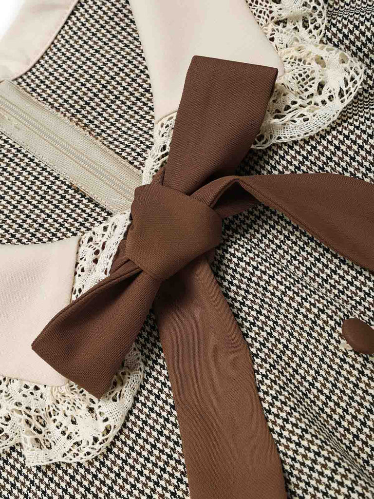 [Prévente] Robe Marron Clair Pied-de-Poule à Col Lavallière et Ceinture Années 1950 - 8