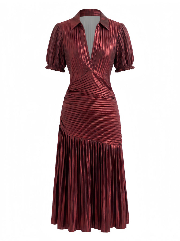 Robe Métallisée Plissée à Col V Profond et Manches Courtes Années 1970 - 2