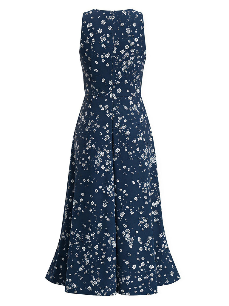 Robe midi bleu marine bohème à fleurs et col dos-nu Années 1970 - 2