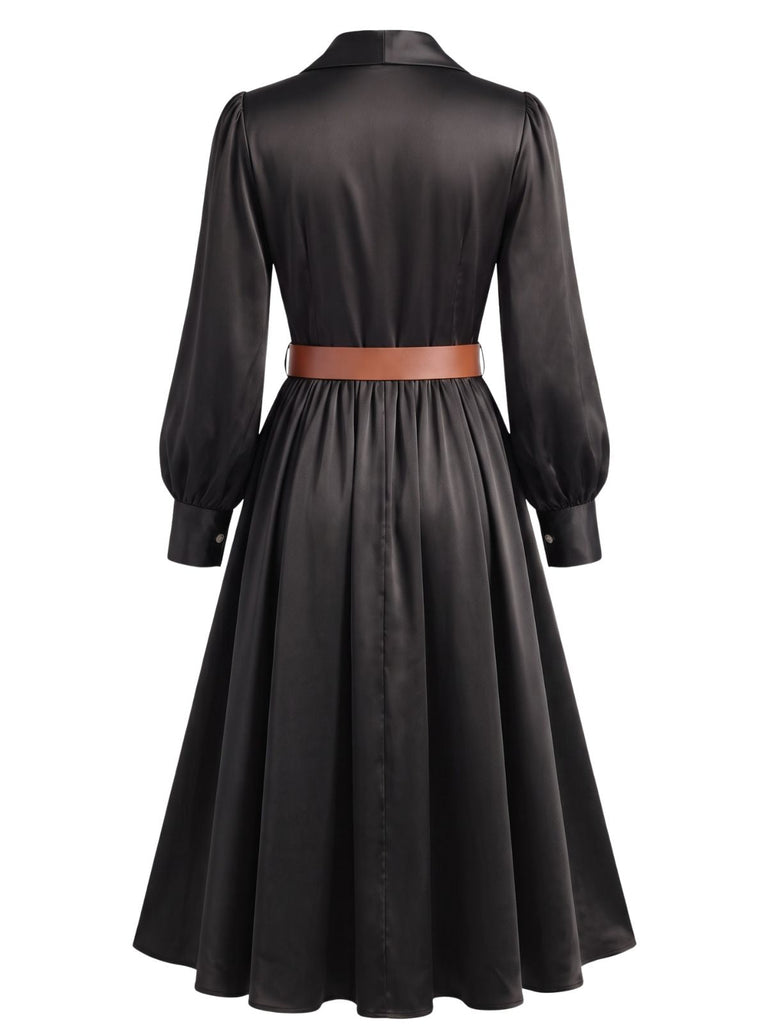Robe midi en satin à col revers, manches bouffantes et ceinture Années 1940 - 6