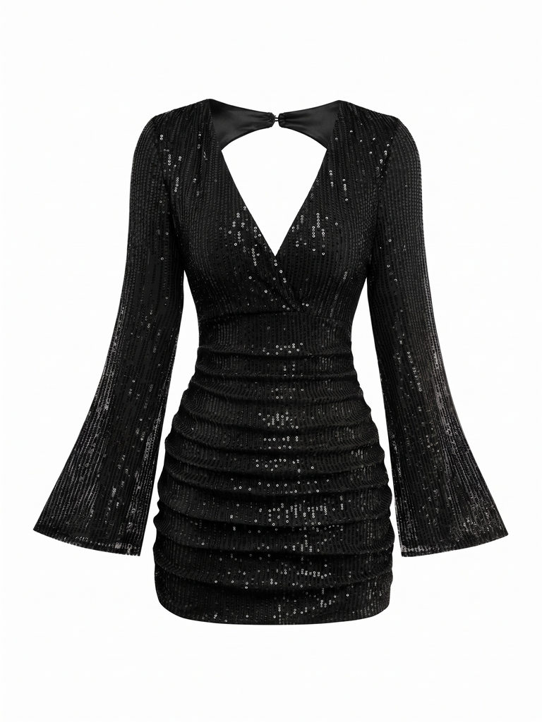 Robe moulante à sequins, col V, dos nu et fronces Années 1960 - 8