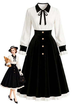 [Prévente] Robe noire et blanche à nœud contrastant, boutons et manches lanternes Années 1950 - 1