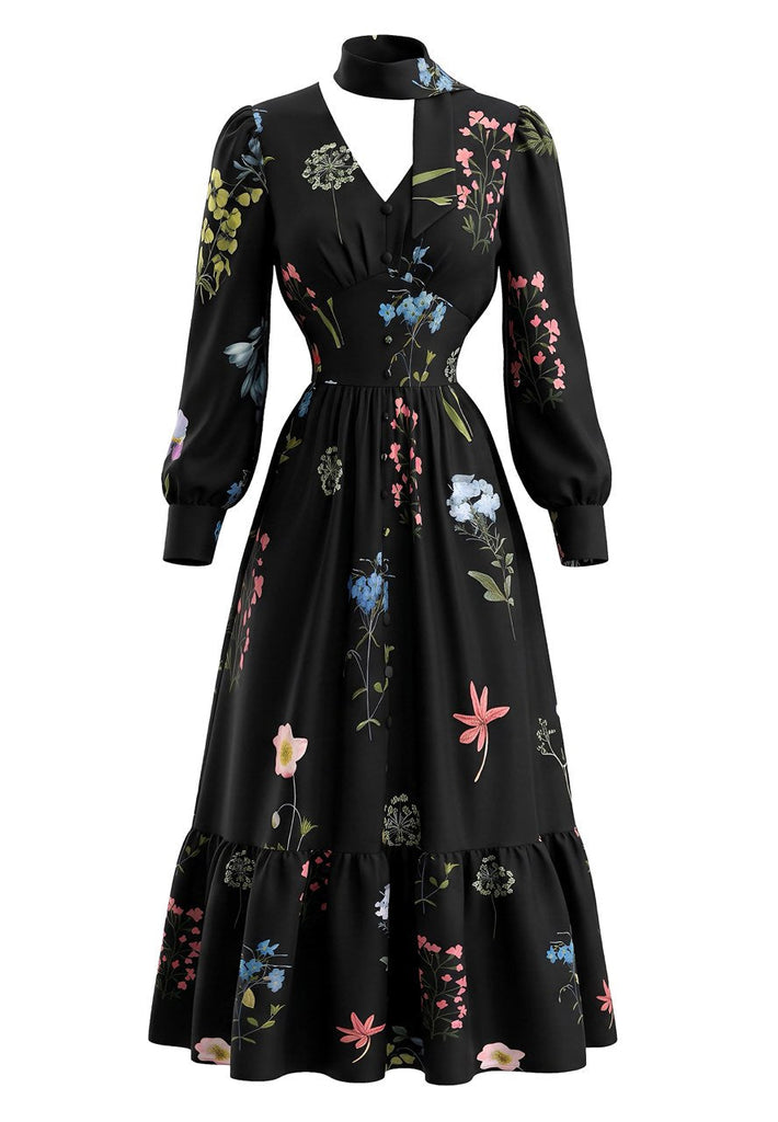 Robe Noire Fleurie à Col V, Manches Longues et Foulard Années 1950 - 1