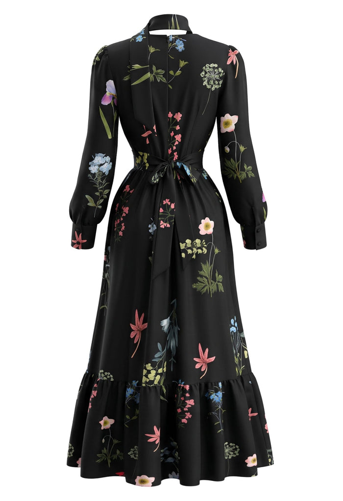 Robe Noire Fleurie à Col V, Manches Longues et Foulard Années 1950 - 2