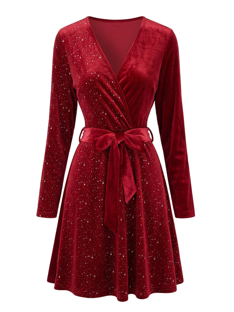 Robe scintillante en velours à col V, manches longues et ceinture Années 1950 - 4