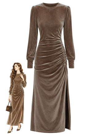 Robe unie en velours à manches longues, fronces et fente Années 1970 - 1