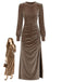 Robe unie en velours à manches longues, fronces et fente Années 1970 - 1