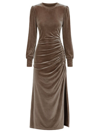 Robe unie en velours à manches longues, fronces et fente Années 1970 - 2
