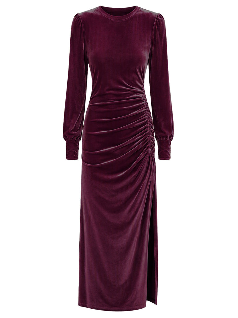 Robe unie en velours à manches longues, fronces et fente Années 1970 - 8