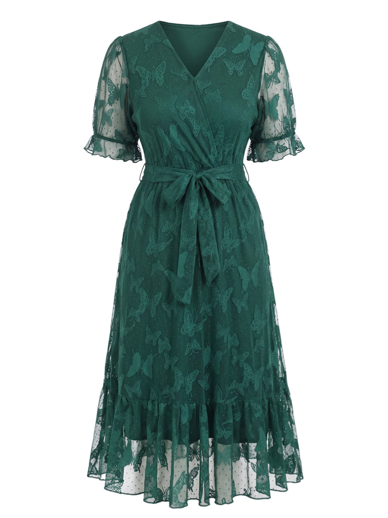 [Grande Taille] Robe vert foncé à dentelle papillons, col V et ceinture Années 1950 - 2
