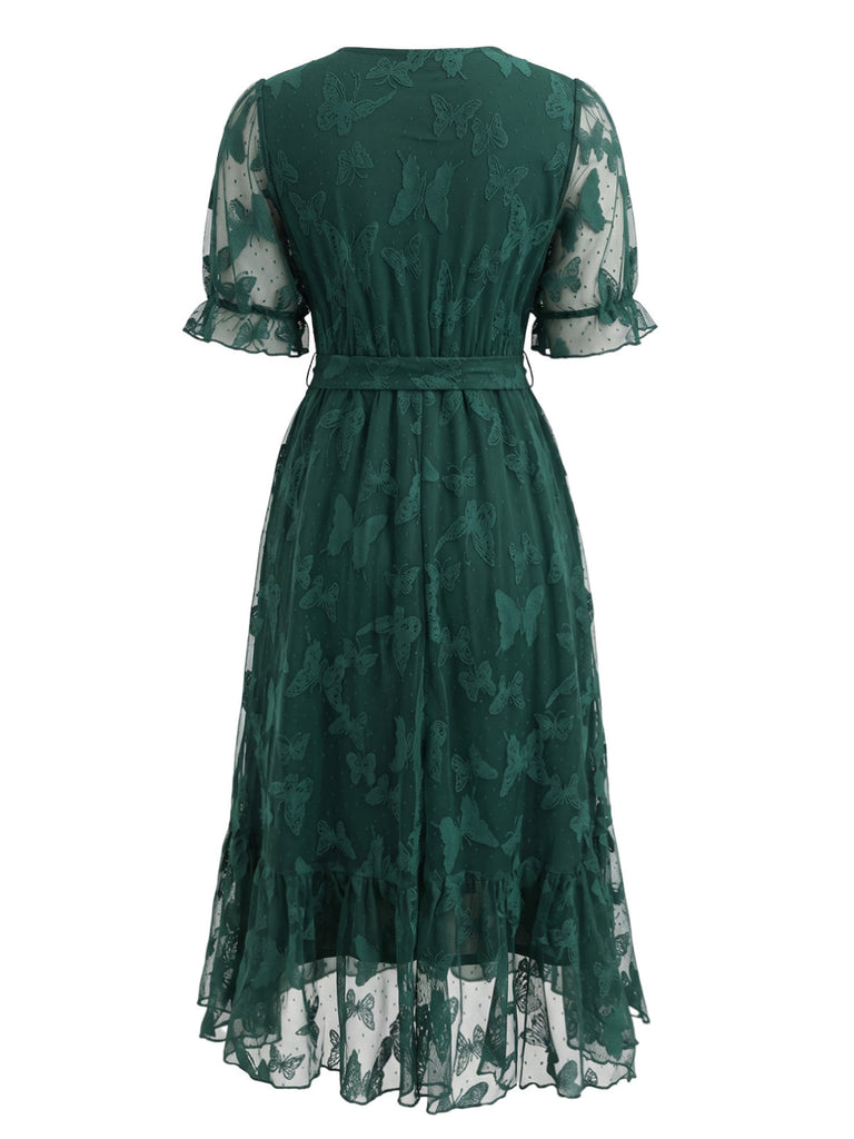 [Grande Taille] Robe vert foncé à dentelle papillons, col V et ceinture Années 1950 - 3