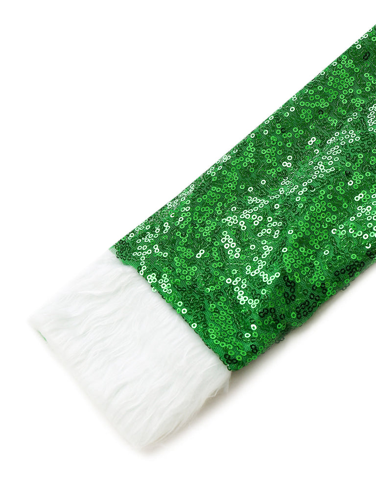 Robe verte de Noël à épaules dénudées, fausse fourrure blanche et sequins Années 1980 - 5
