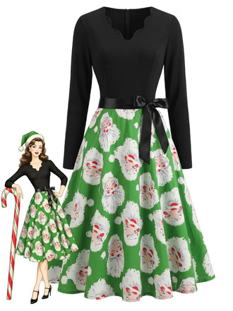 Robe verte de Noël à motif Père Noël et col V festonné Années 1950 - 1