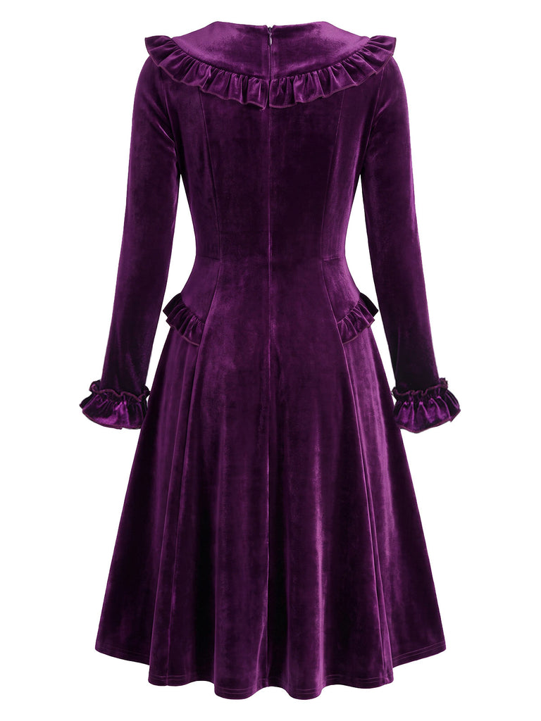 [Prévente] Robe violette en velours à volants, nœud et manches longues Années 1950 - 4
