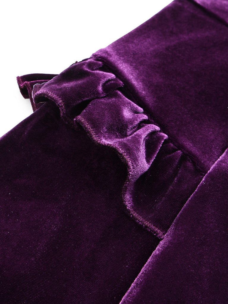 [Prévente] Robe violette en velours à volants, nœud et manches longues Années 1950 - 5