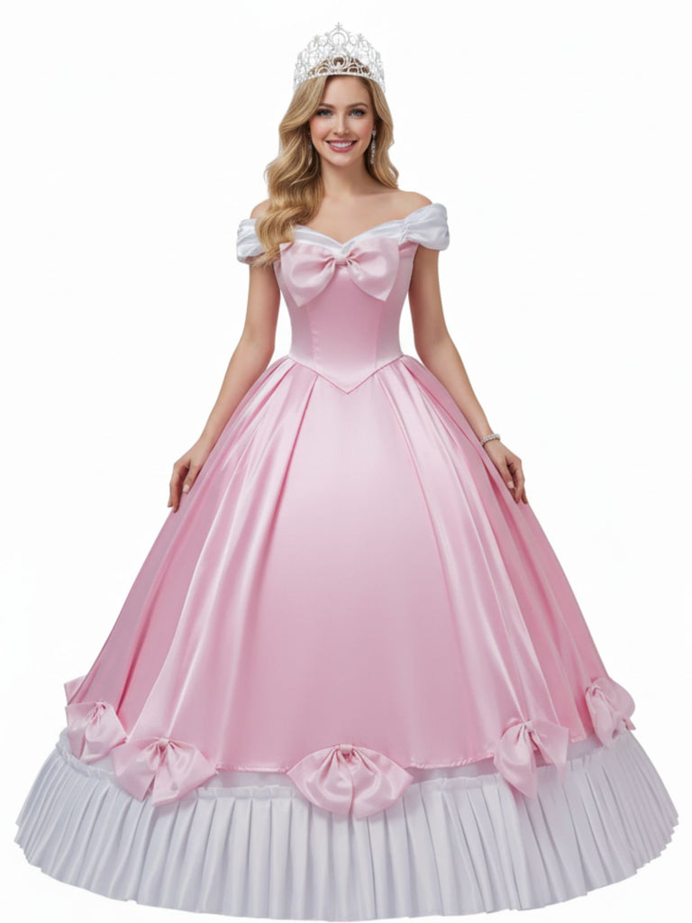 Robe rose à épaules dénudées plissée et ornée d'un nœud en satin années 50