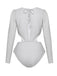 Back view of the silver shimmer bodysuit highlighting the elegant lace-up tie closure and open-back design.