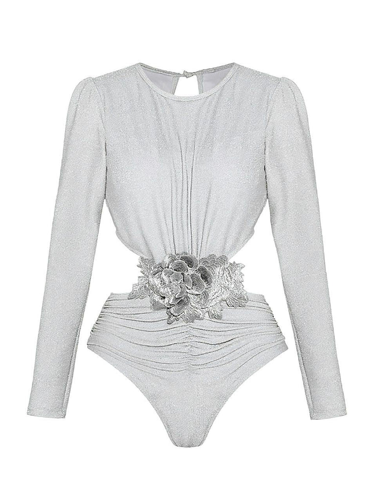 Front view of the silver shimmer long-sleeve bodysuit showing the waist cut-out and sophisticated pleated detailing.