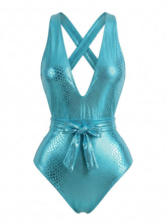 Studio front view of the shimmering teal swimsuit highlighting the belted waist and plunging neckline.
