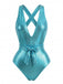 Studio front view of the shimmering teal swimsuit highlighting the belted waist and plunging neckline.