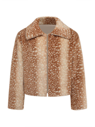 Veste courte marron en fausse fourrure à imprimé cerfs Années 1950 - 1