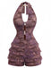 Front view of the purple lace romper highlighting the body-con silhouette, halter neckline, and playful tiered ruffles.