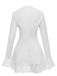 Rear view of the white blazer dress showcasing the fitted waistline and high-back tailored design.