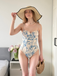 Maillot de bain une pièce à bretelles fines florales bleu des années 1950