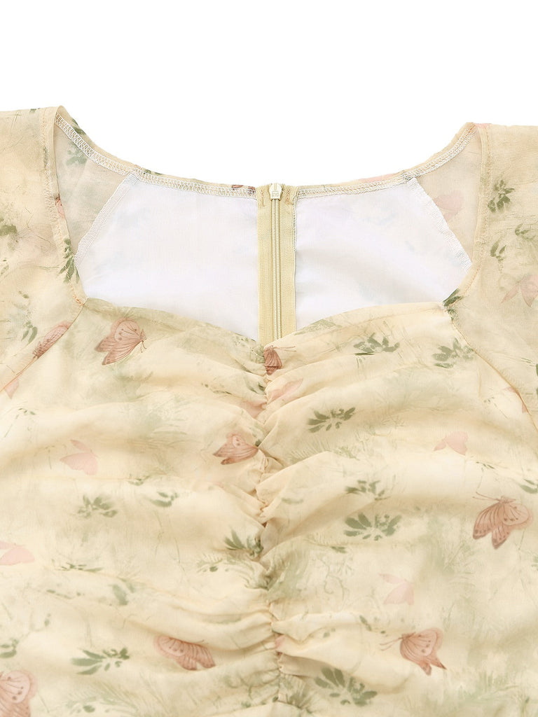 Yellow 1930s Butterfly Flutter Sleeve Chiffon Dress-collar-closeup