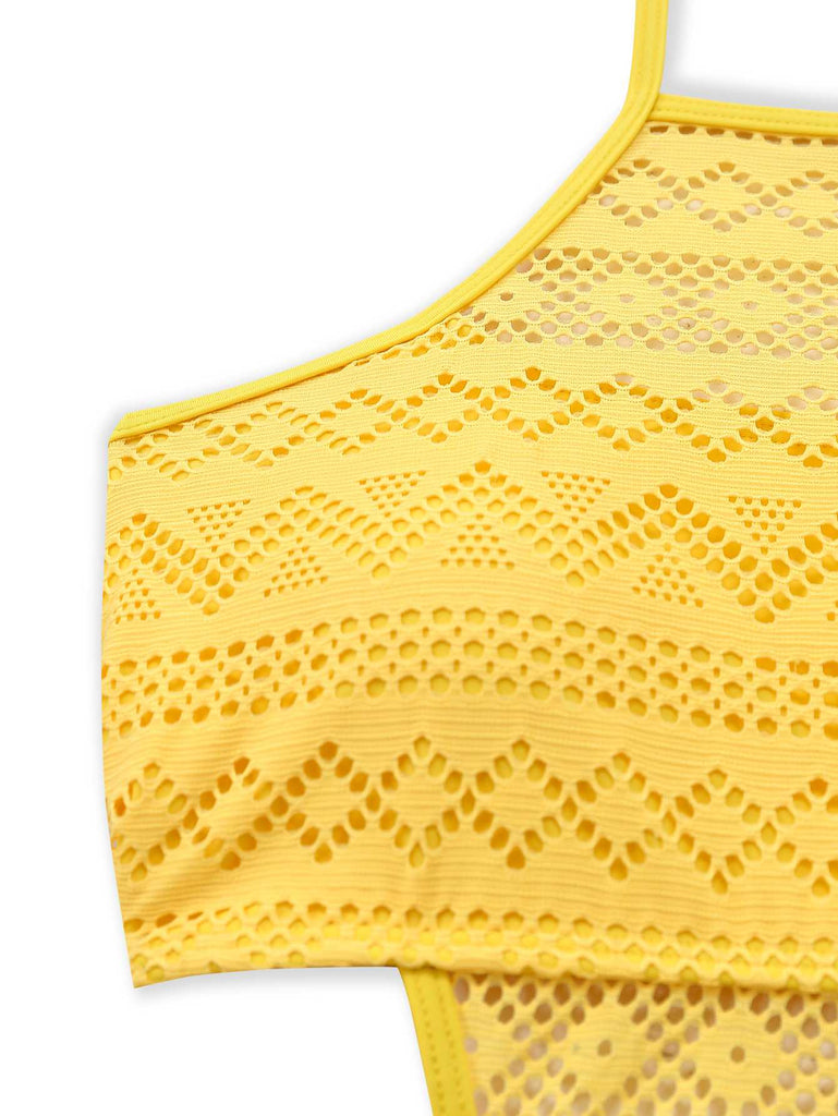 Detailed shot of the waist area showcasing the intricate lace pattern and the side cutout construction.