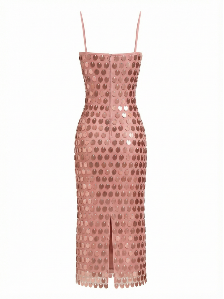 Robe paillettes à bretelles spaghetti fendue dans le dos années 1930