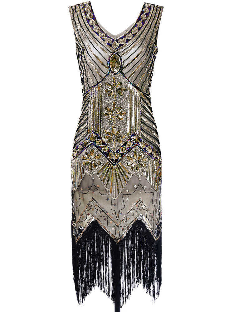 Robe Charleston Noir Cocktail Années 20 à Franges Paillettes Gatsby