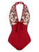 Maillot de bain dos nu fleuri rouge vin des années 1950