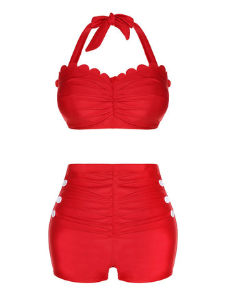 Maillot de bain rouge années 50 boutonné à volants