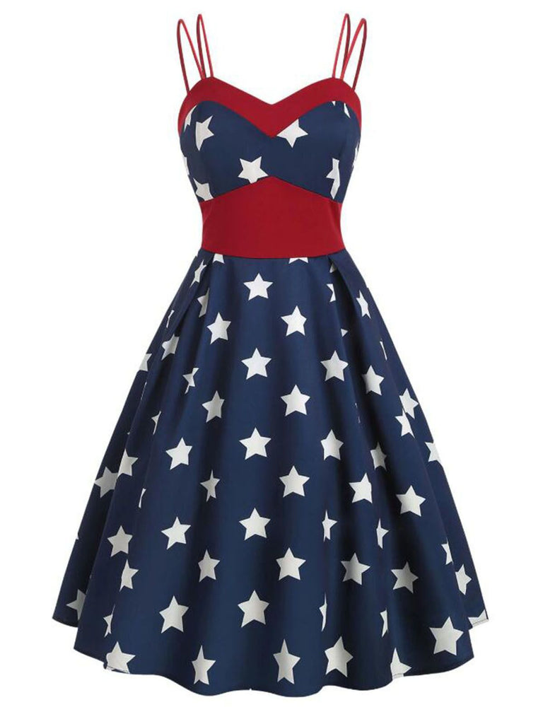 Robe bleu marine à bretelles spaghetti étoiles années 1950
