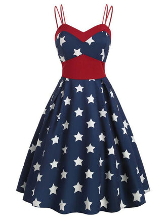 Robe bleu marine à bretelles spaghetti étoiles années 1950
