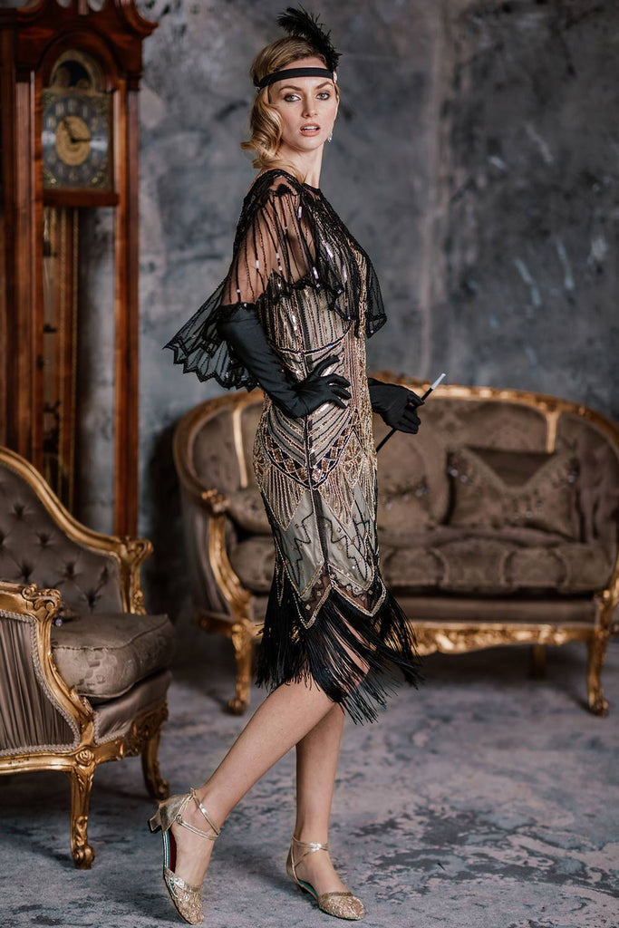 Robe Charleston Noir Cocktail Années 20 à Franges Paillettes Gatsby
