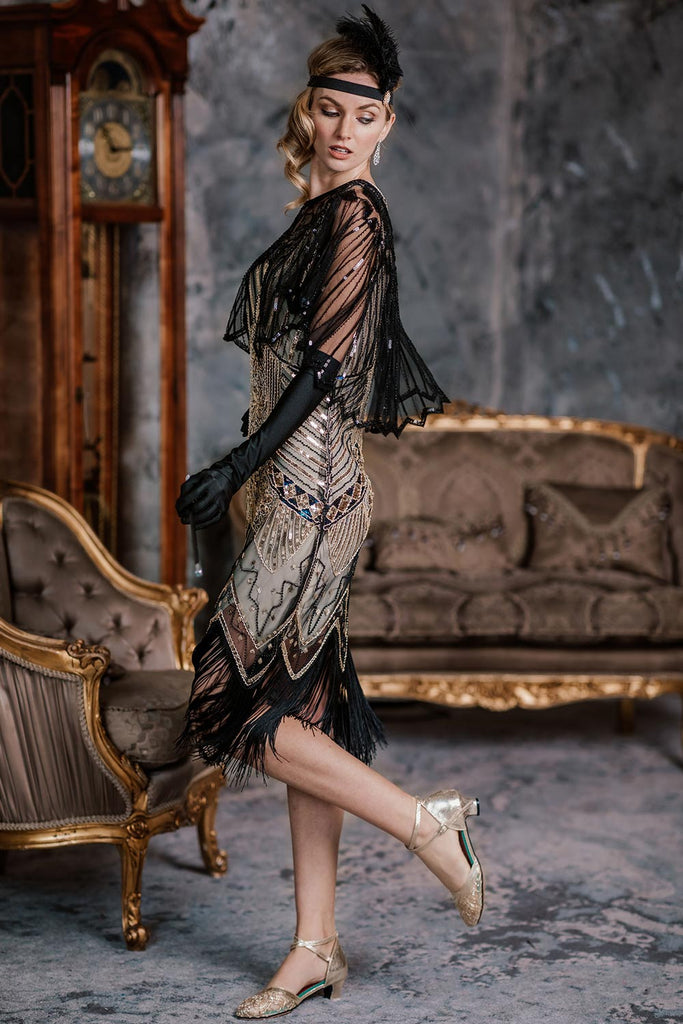 Robe Charleston Noir Cocktail Années 20 à Franges Paillettes Gatsby